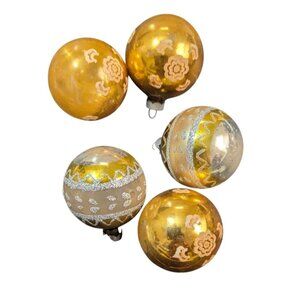 Vintage Shiny Brite Glass Christmas Ornaments Gold With Glitter Accents Made USA